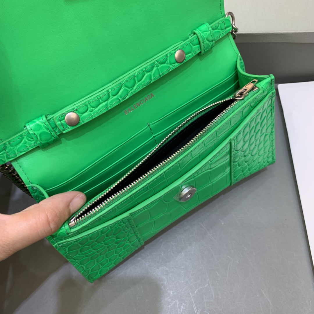 Balenciaga Small Hourglass Wallet With Chain Crocodile Embossed Shoulder Bag Green